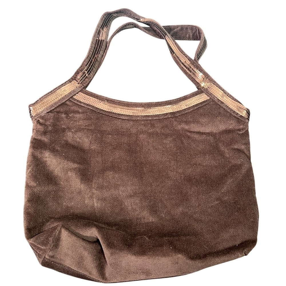 Vintage Y2K Brown Velour Sequin Trim Tote Shoulder Bag Handbag‎ Zipper Closure